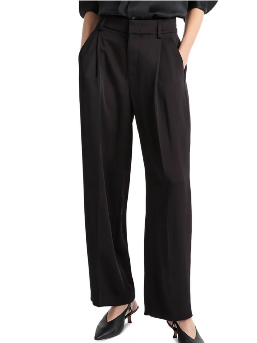 Vince High-Waist Wide-Leg Pleated Trousers, Black